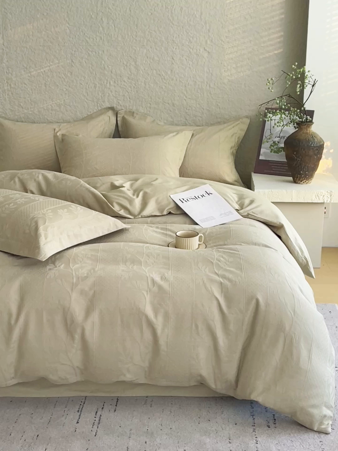 91家纺网 家纺一手货源 找家纺 帅露家纺 2026新款A类全棉纯棉亮面浮雕提花四件套 芊芊叶语-奶绿