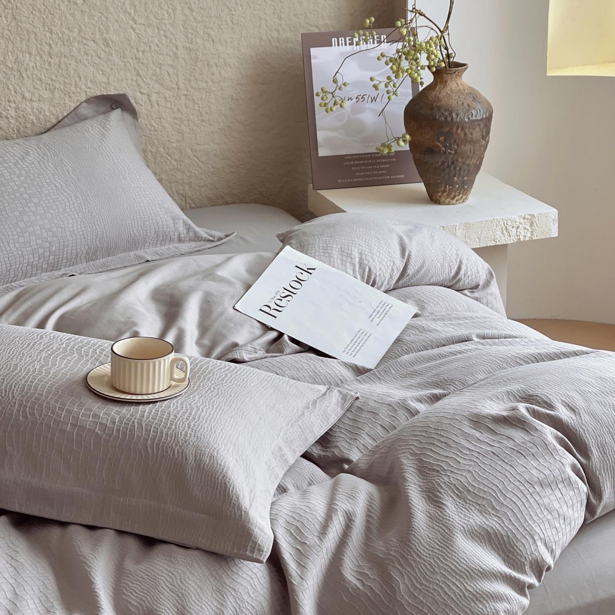 91家纺网 家纺一手货源 找家纺 帅露家纺 2026新款A类全棉纯棉亮面浮雕提花四件套 石烁-太空灰