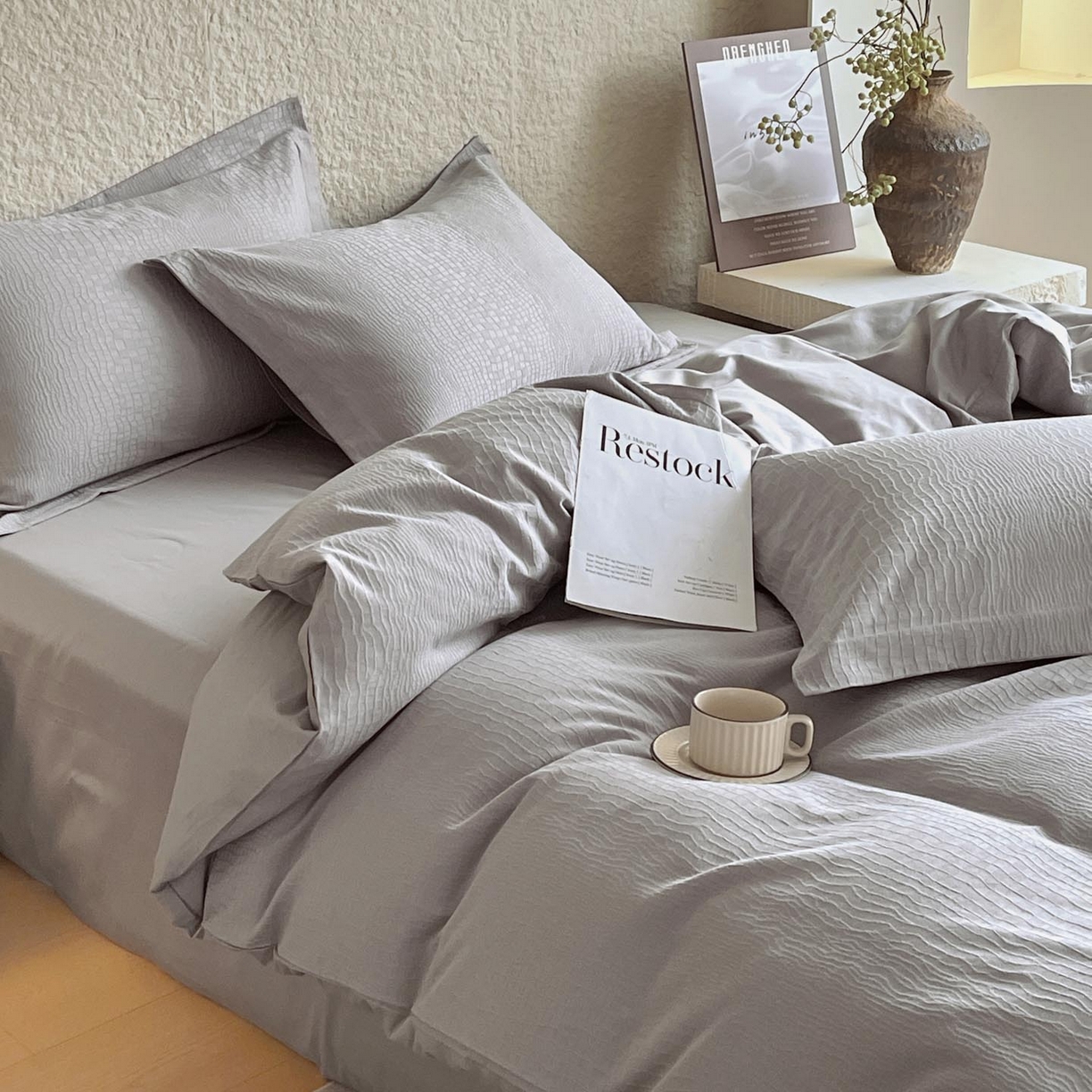 91家纺网 家纺一手货源 找家纺 帅露家纺 2026新款A类全棉纯棉亮面浮雕提花四件套 石烁-太空灰