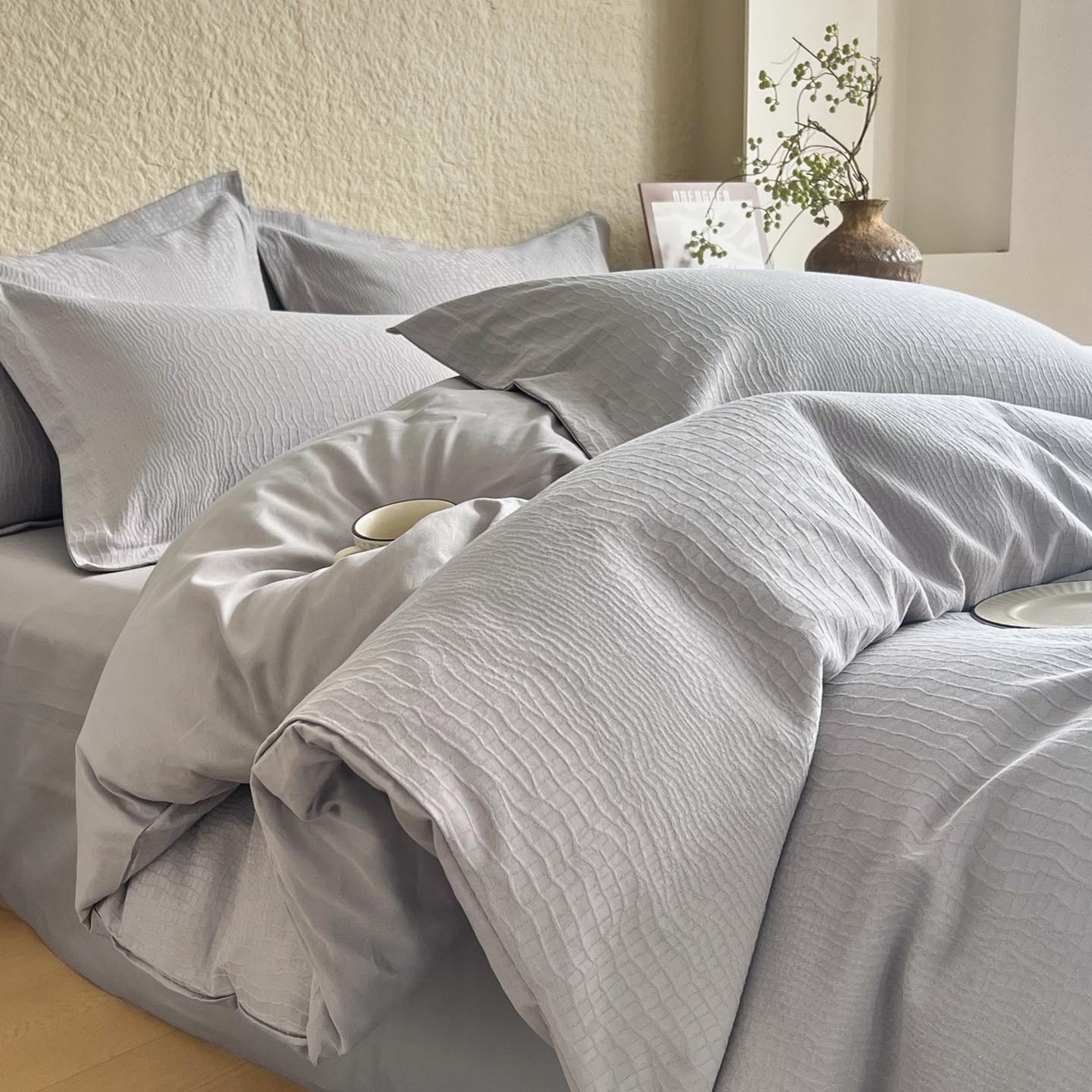 91家纺网 家纺一手货源 找家纺 帅露家纺 2026新款A类全棉纯棉亮面浮雕提花四件套 石烁-太空灰