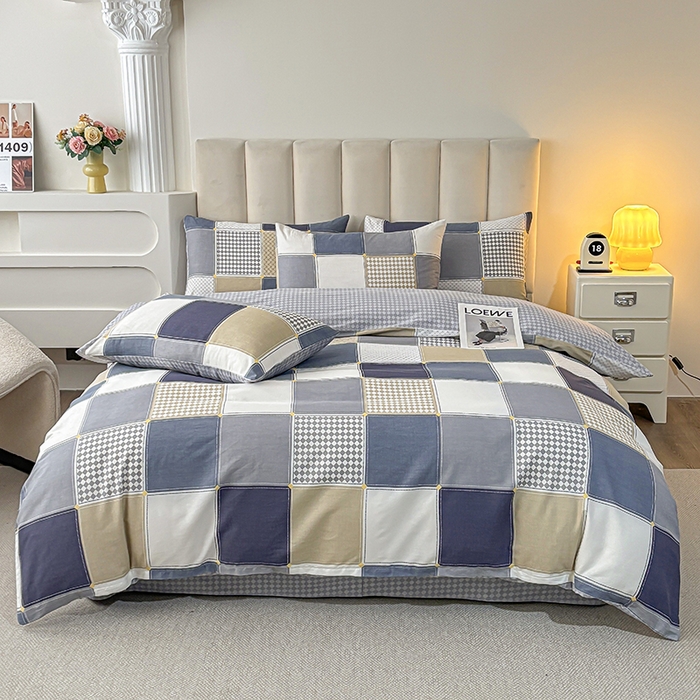 91家纺网 家纺一手货源 找家纺 宇彬家纺 2026直播新款13070全棉纯棉印花床单床笠款四件套和单被套喷气清新简约（缩水足可定做）蓝色垦丁