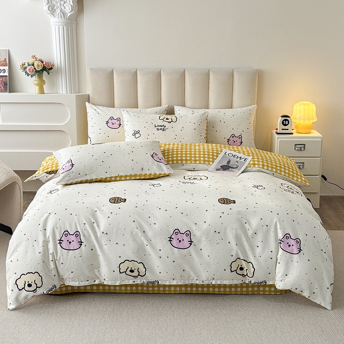 91家纺网 家纺一手货源 找家纺 宇彬家纺 2026直播新款13070全棉纯棉印花床单床笠款四件套和单被套喷气清新简约（缩水足可定做）墨点动物