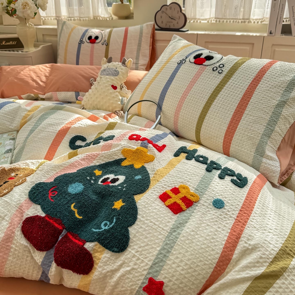 91家纺网 家纺一手货源 找家纺 帅露家纺 2026新款全棉纯棉华夫格毛巾绣四件套 彩色日记