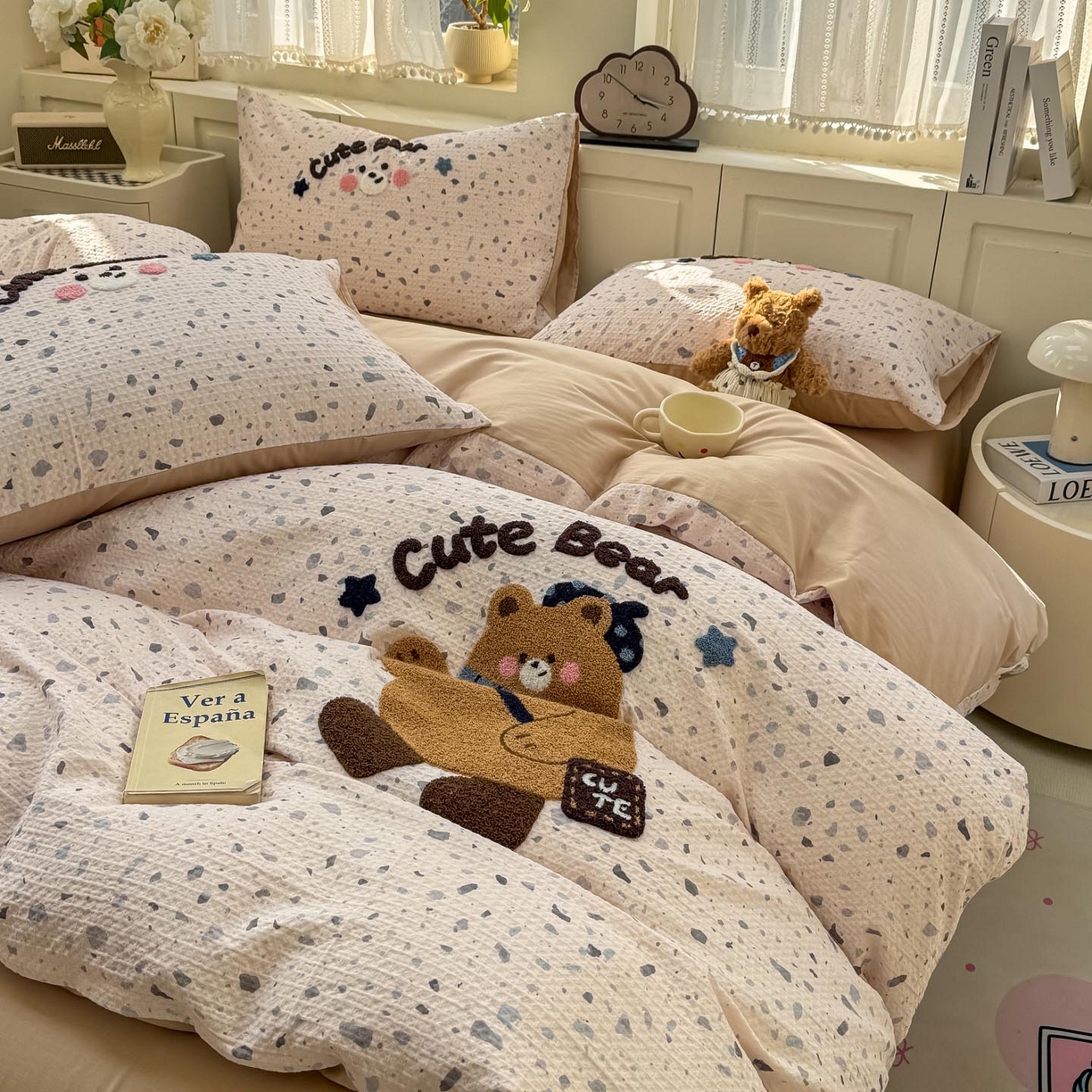 91家纺网 家纺一手货源 找家纺 帅露家纺 2026新款全棉纯棉华夫格毛巾绣四件套 嘟嘟熊