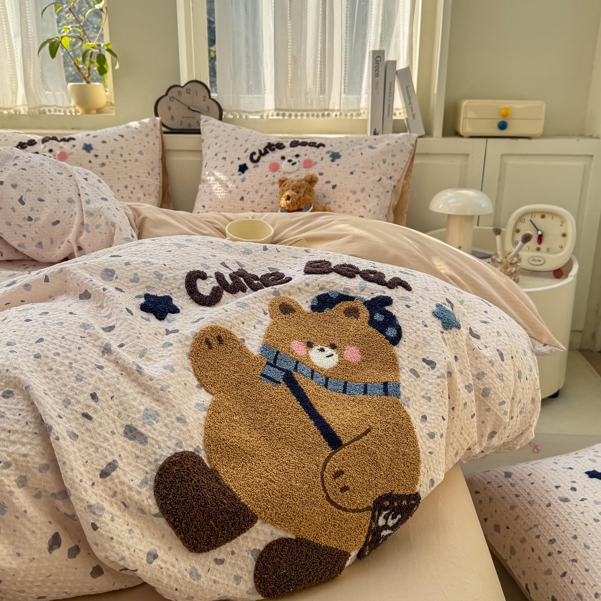 91家纺网 家纺一手货源 找家纺 帅露家纺 2026新款全棉纯棉华夫格毛巾绣四件套 嘟嘟熊