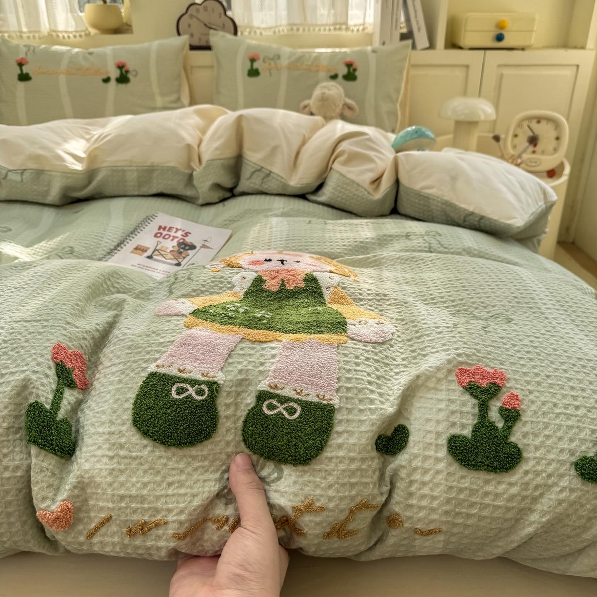 91家纺网 家纺一手货源 找家纺 帅露家纺 2026新款全棉纯棉华夫格毛巾绣四件套 绿色原野