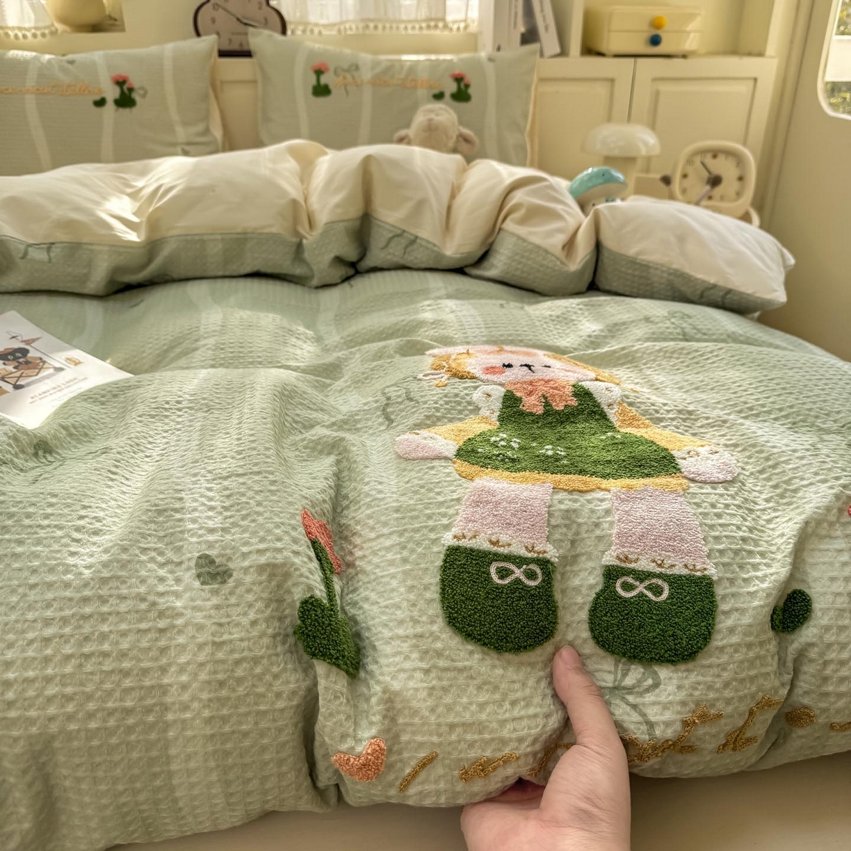 91家纺网 家纺一手货源 找家纺 帅露家纺 2026新款全棉纯棉华夫格毛巾绣四件套 绿色原野