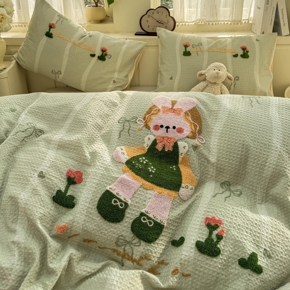 91家纺网 家纺一手货源 找家纺 帅露家纺 2026新款全棉纯棉华夫格毛巾绣四件套 绿色原野