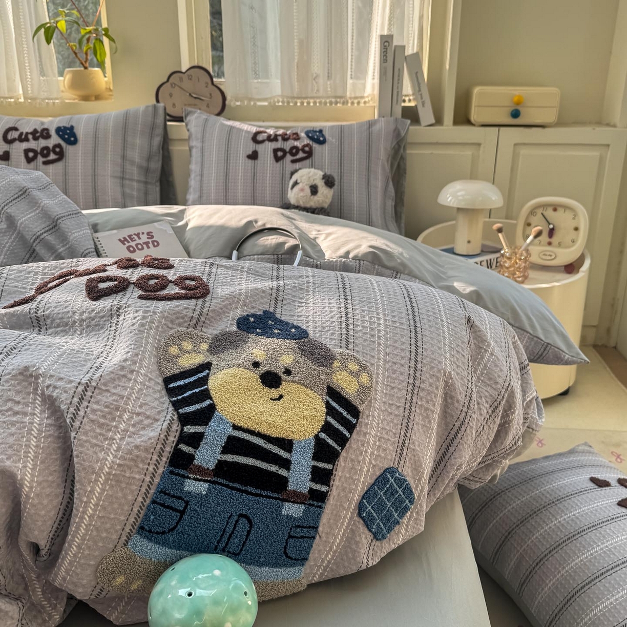 91家纺网 家纺一手货源 找家纺 帅露家纺 2026新款全棉纯棉华夫格毛巾绣四件套 文艺牛仔