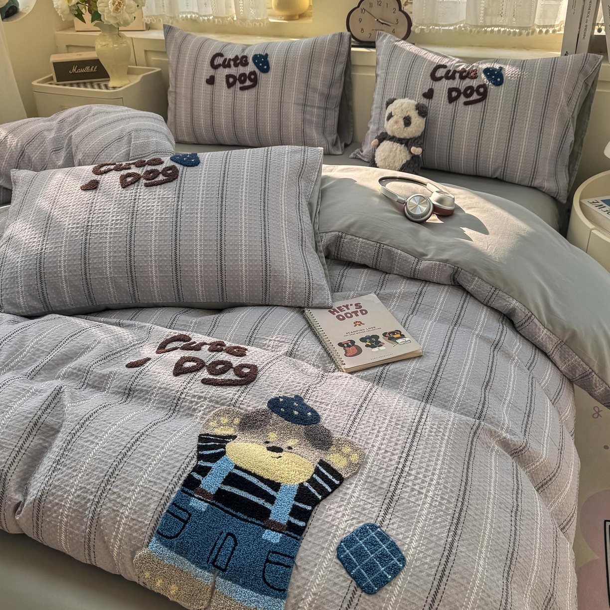 91家纺网 家纺一手货源 找家纺 帅露家纺 2026新款全棉纯棉华夫格毛巾绣四件套 文艺牛仔