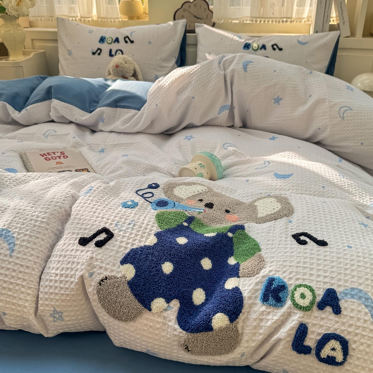 91家纺网 家纺一手货源 找家纺 帅露家纺 2026新款全棉纯棉华夫格毛巾绣四件套 音乐派