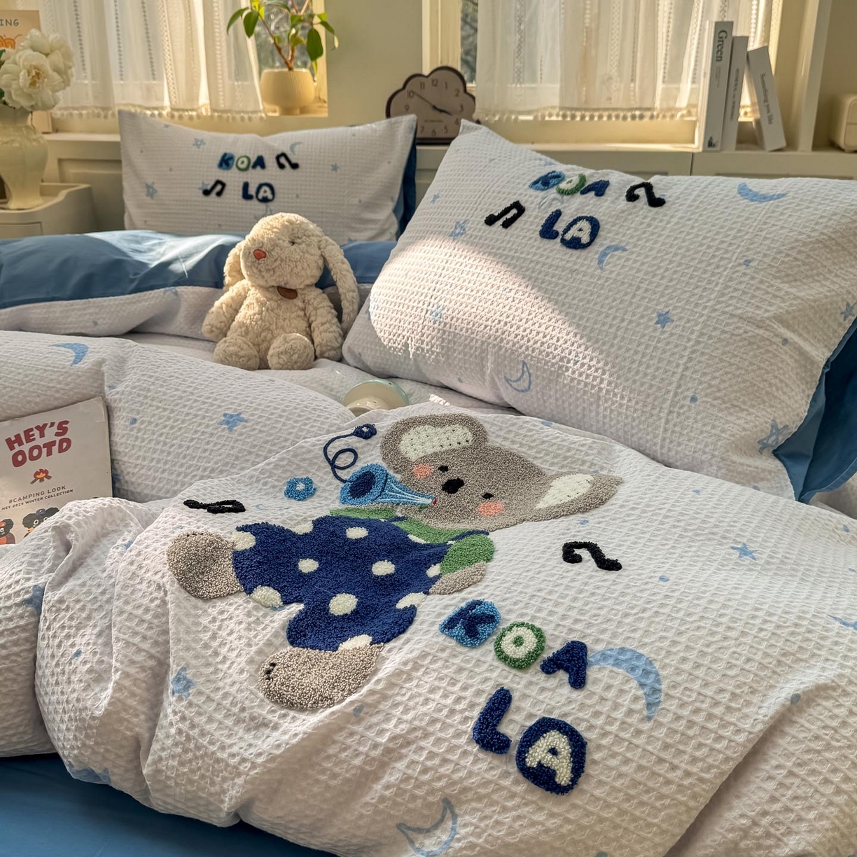 91家纺网 家纺一手货源 找家纺 帅露家纺 2026新款全棉纯棉华夫格毛巾绣四件套 音乐派