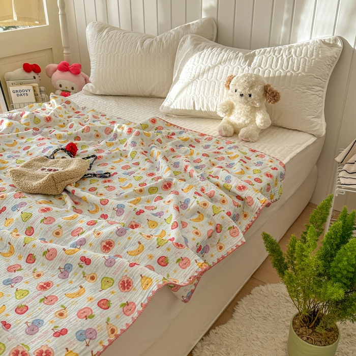 91家纺网 家纺一手货源 找家纺 十里居 2026新款A类母婴级全棉皱皱双层纱多功能盖毯 皱皱纱-水果派