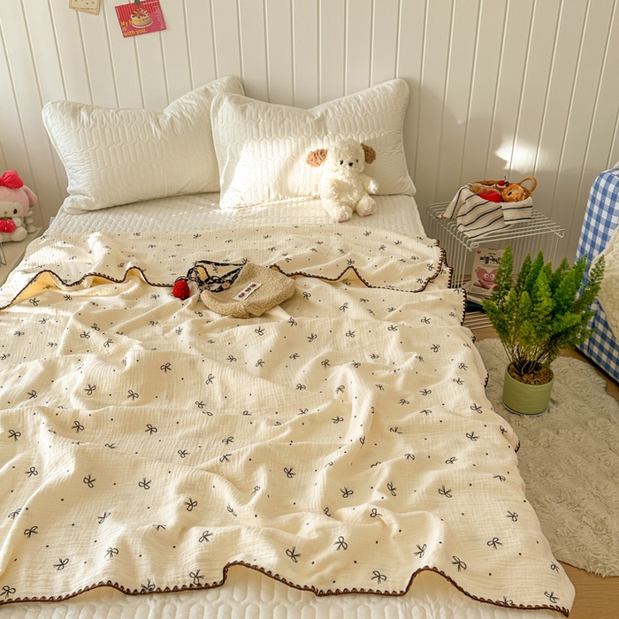 91家纺网 家纺一手货源 找家纺 十里居 2026新款A类母婴级全棉皱皱双层纱多功能盖毯 皱皱纱-蝴蝶结