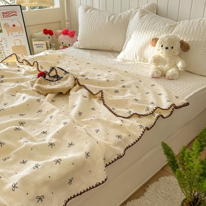 91家纺网 家纺一手货源 找家纺 十里居 2026新款A类母婴级全棉皱皱双层纱多功能盖毯 皱皱纱-蝴蝶结