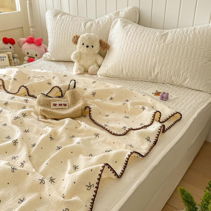 91家纺网 家纺一手货源 找家纺 十里居 2026新款A类母婴级全棉皱皱双层纱多功能盖毯 皱皱纱-蝴蝶结