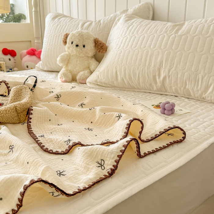 91家纺网 家纺一手货源 找家纺 十里居 2026新款A类母婴级全棉皱皱双层纱多功能盖毯 皱皱纱-蝴蝶结