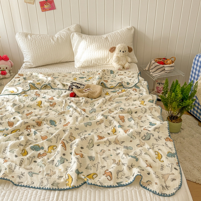 91家纺网 家纺一手货源 找家纺 十里居 2026新款A类母婴级全棉皱皱双层纱多功能盖毯 皱皱纱-小恐龙