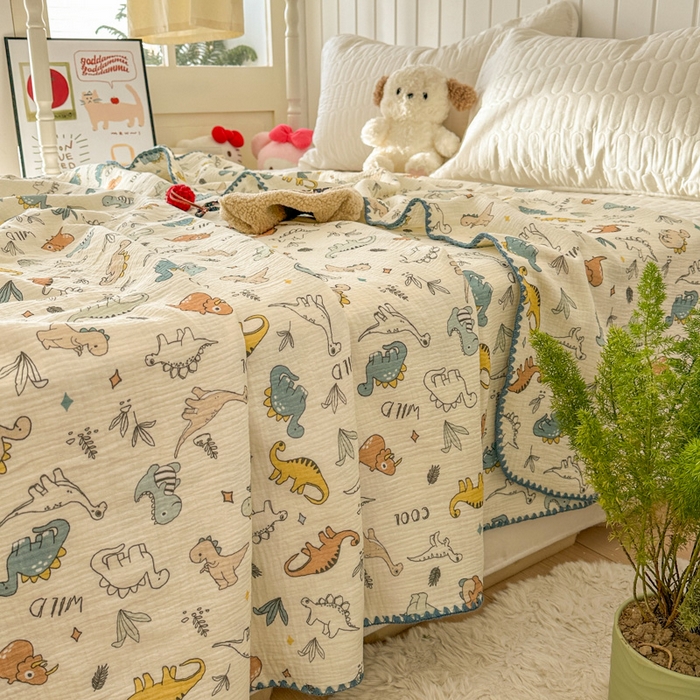 91家纺网 家纺一手货源 找家纺 十里居 2026新款A类母婴级全棉皱皱双层纱多功能盖毯 皱皱纱-小恐龙