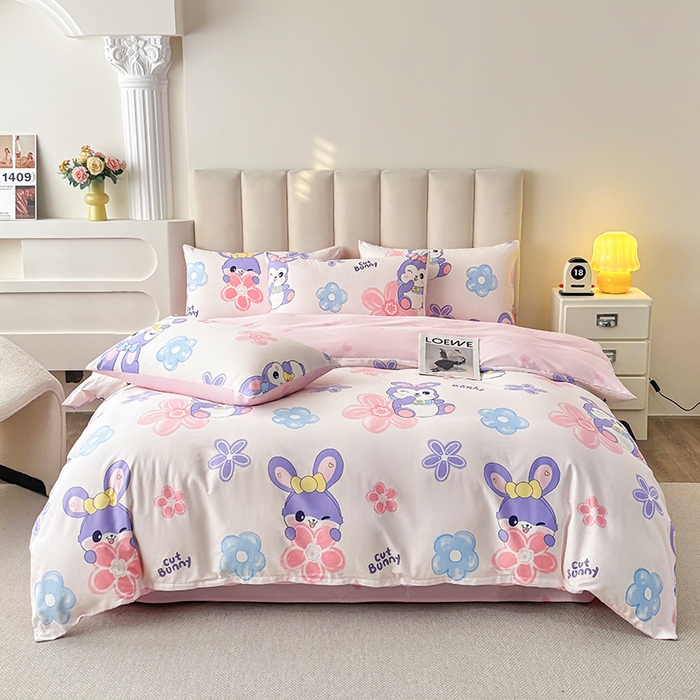 宇彬家纺 2026直播新款13070全棉纯棉印花床单床笠款四件套和单被套喷气清新简约（缩水足可定做）粉色兔宠