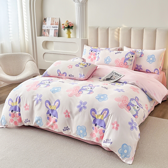 91家纺网 家纺一手货源 找家纺 宇彬家纺 2026直播新款13070全棉纯棉印花床单床笠款四件套和单被套喷气清新简约（缩水足可定做）粉色兔宠