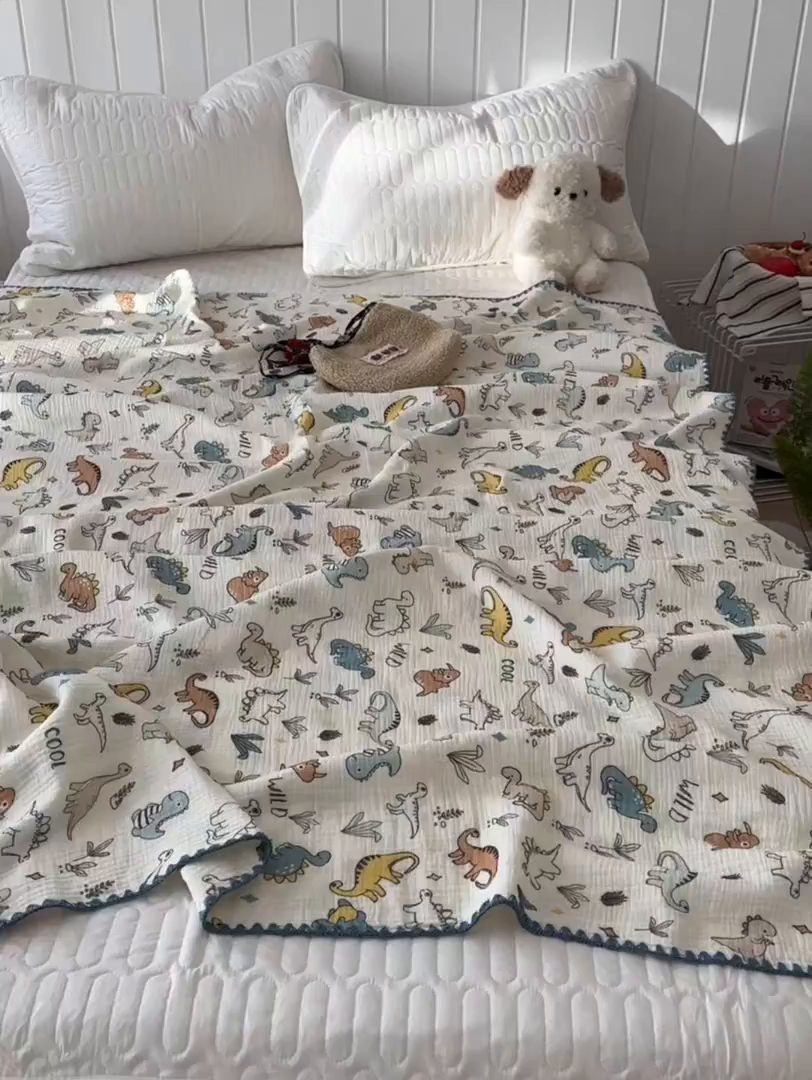 91家纺网 家纺一手货源 找家纺 十里居 2026新款A类母婴级全棉皱皱双层纱多功能盖毯 皱皱纱-小恐龙