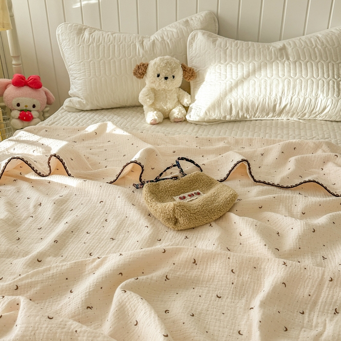 91家纺网 家纺一手货源 找家纺 十里居 2026新款A类母婴级全棉皱皱双层纱多功能盖毯 皱皱纱-小星星