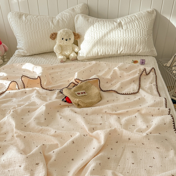 91家纺网 家纺一手货源 找家纺 十里居 2026新款A类母婴级全棉皱皱双层纱多功能盖毯 皱皱纱-小星星