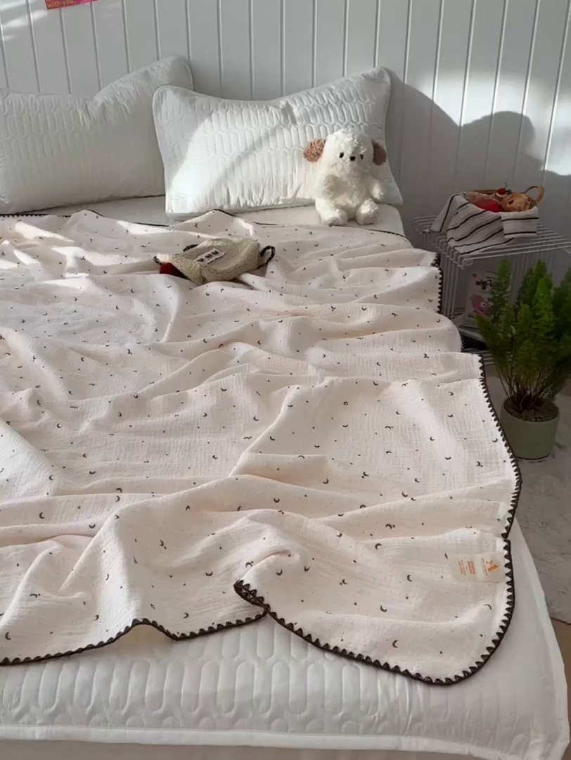 91家纺网 家纺一手货源 找家纺 十里居 2026新款A类母婴级全棉皱皱双层纱多功能盖毯 皱皱纱-小星星