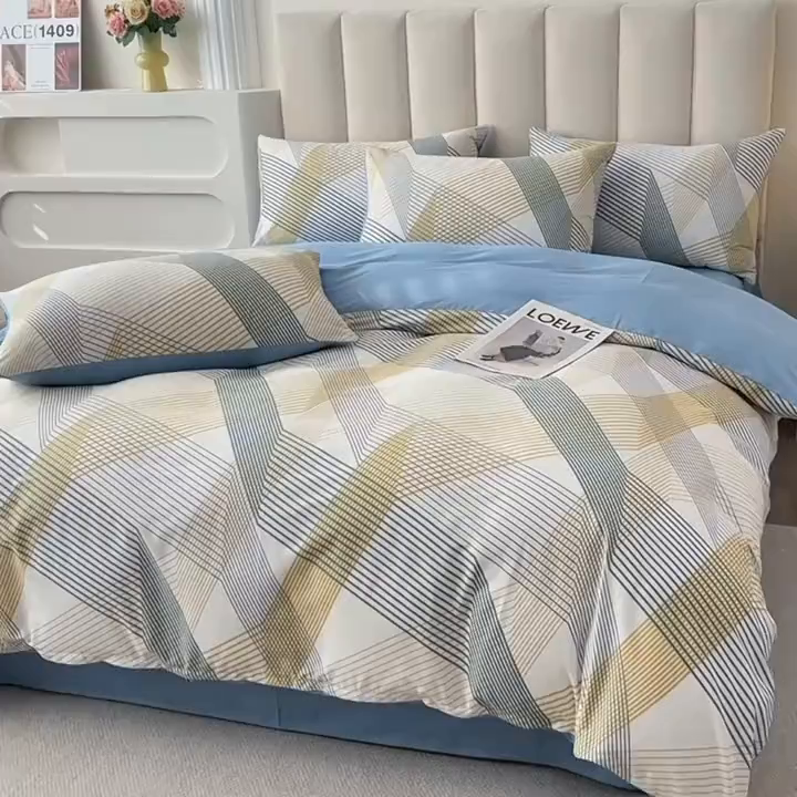 91家纺网 家纺一手货源 找家纺 宇彬家纺 2026直播新款13070全棉纯棉印花床单床笠款四件套和单被套喷气清新简约（缩水足可定做）简约生活