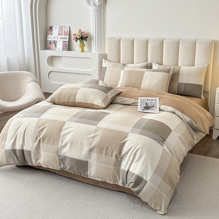 91家纺网 家纺一手货源 找家纺 宇彬家纺 2026直播新款13070全棉纯棉印花床单床笠款四件套和单被套喷气清新简约（缩水足可定做）魔方小站-咖