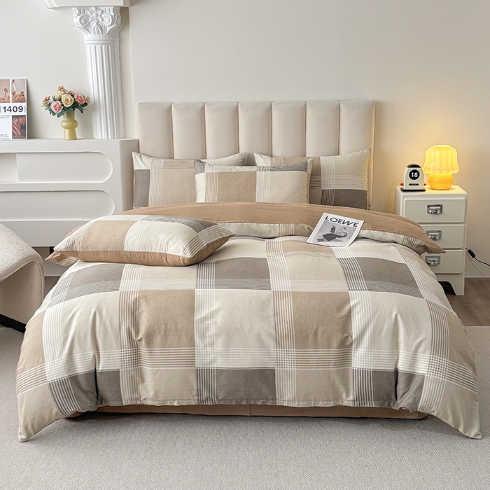 宇彬家纺 2026直播新款13070全棉纯棉印花床单床笠款四件套和单被套喷气清新简约（缩水足可定做）魔方小站-咖