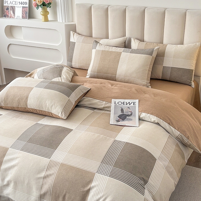 91家纺网 家纺一手货源 找家纺 宇彬家纺 2026直播新款13070全棉纯棉印花床单床笠款四件套和单被套喷气清新简约（缩水足可定做）魔方小站-咖