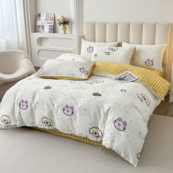 91家纺网 家纺一手货源 找家纺 宇彬家纺 2026直播新款13070全棉纯棉印花床单床笠款四件套和单被套喷气清新简约（缩水足可定做）墨点动物