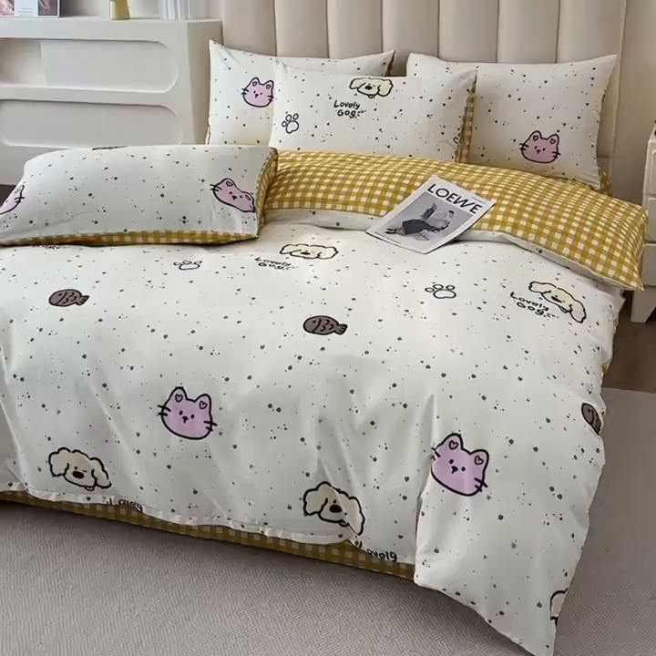 91家纺网 家纺一手货源 找家纺 宇彬家纺 2026直播新款13070全棉纯棉印花床单床笠款四件套和单被套喷气清新简约（缩水足可定做）墨点动物