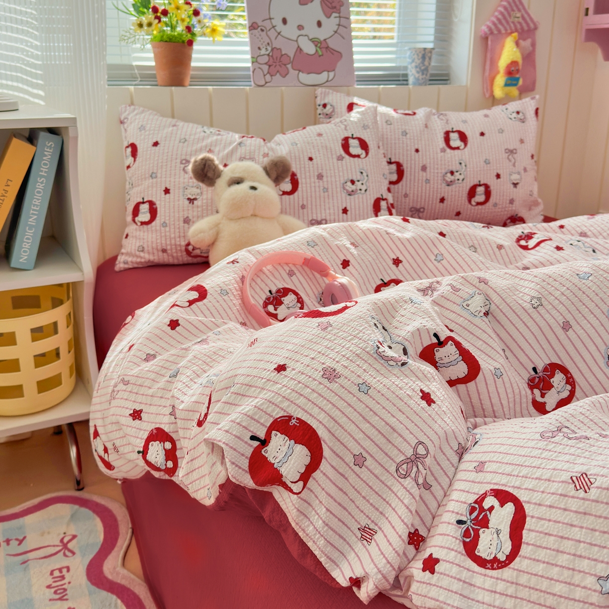 91家纺网 家纺一手货源 找家纺 奈颜 2026新款A类泡芙纱印花四件套学生宿舍三件套-卡通印花系列 苹果小狗