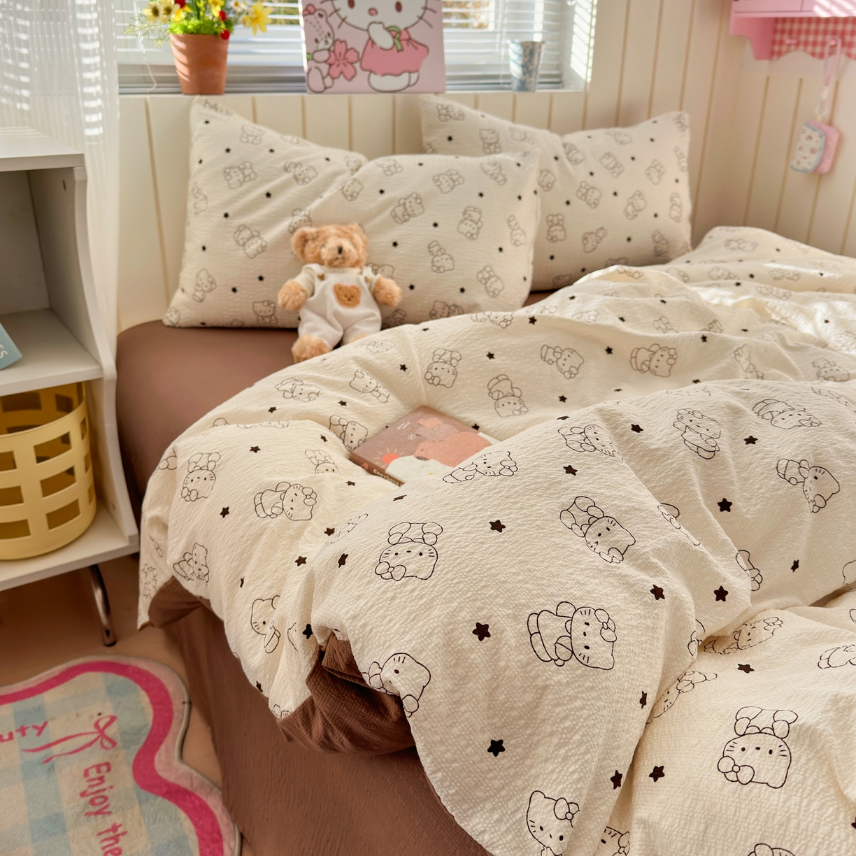 91家纺网 家纺一手货源 找家纺 奈颜 2026新款A类泡芙纱印花四件套学生宿舍三件套-卡通印花系列 线条KT