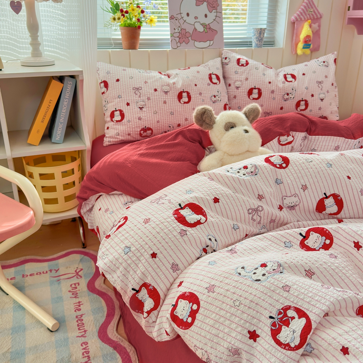 91家纺网 家纺一手货源 找家纺 奈颜 2026新款A类泡芙纱印花四件套学生宿舍三件套-卡通印花系列 苹果小狗