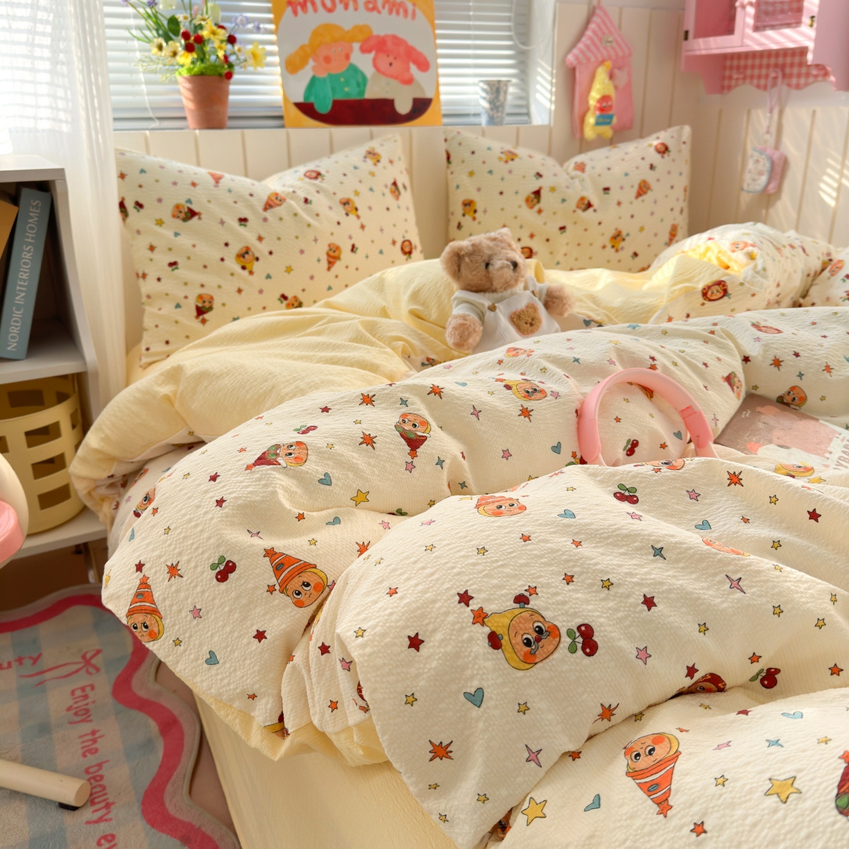 91家纺网 家纺一手货源 找家纺 奈颜 2026新款A类泡芙纱印花四件套学生宿舍三件套-卡通印花系列 高帽星星