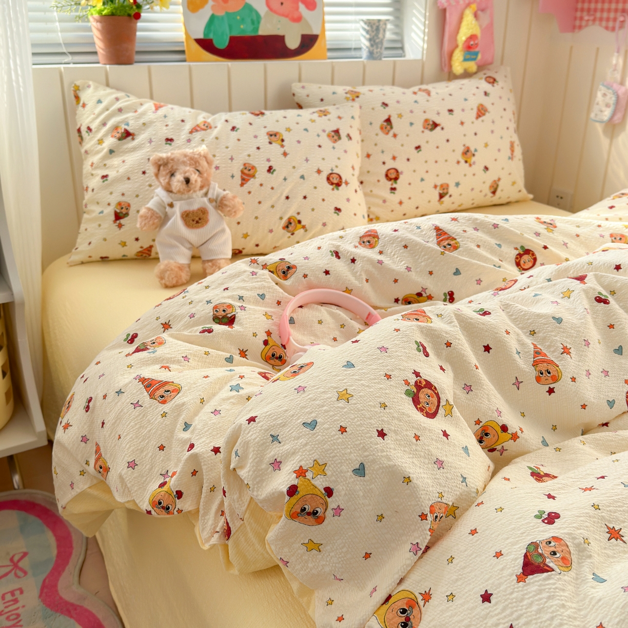 91家纺网 家纺一手货源 找家纺 奈颜 2026新款A类泡芙纱印花四件套学生宿舍三件套-卡通印花系列 高帽星星