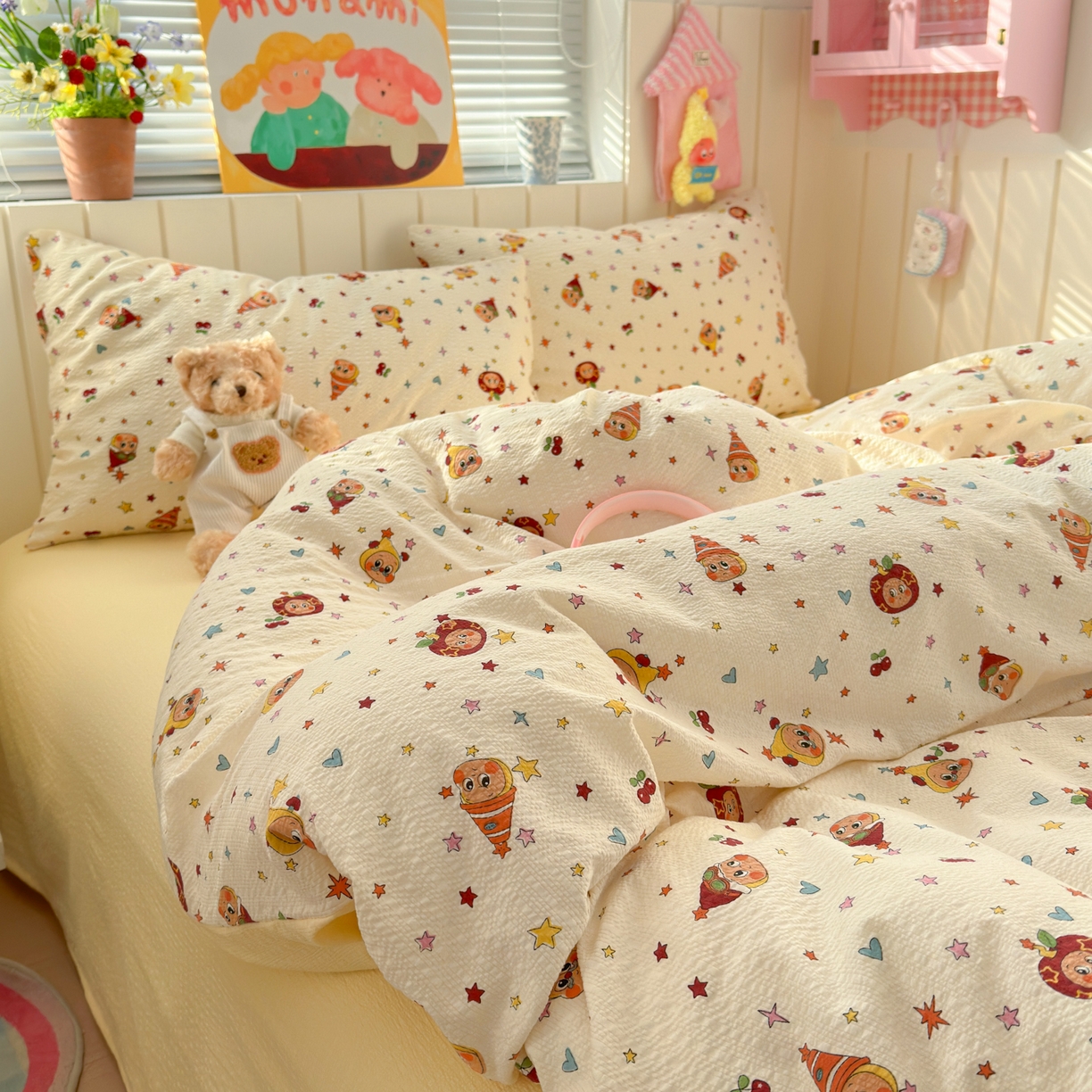 91家纺网 家纺一手货源 找家纺 奈颜 2026新款A类泡芙纱印花四件套学生宿舍三件套-卡通印花系列 高帽星星