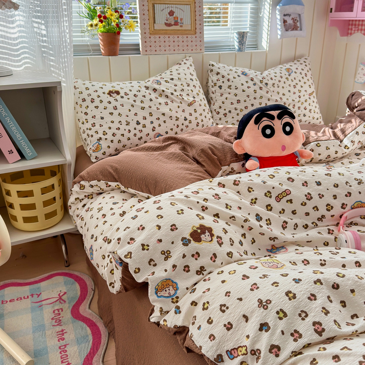 91家纺网 家纺一手货源 找家纺 奈颜 2026新款A类泡芙纱印花四件套学生宿舍三件套-卡通印花系列 豹纹蜡笔
