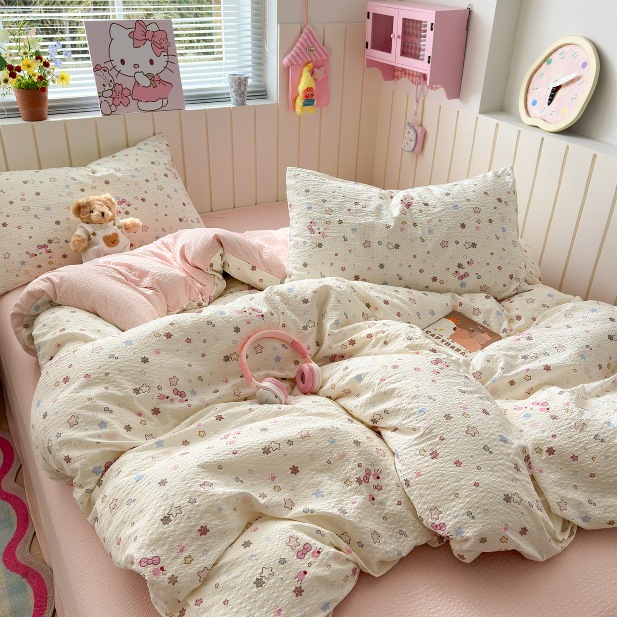 91家纺网 家纺一手货源 找家纺 奈颜 2026新款A类泡芙纱印花四件套学生宿舍三件套-卡通印花系列 躲猫猫