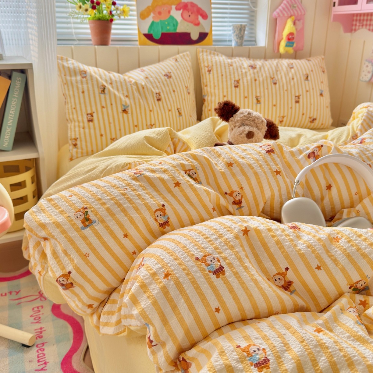 91家纺网 家纺一手货源 找家纺 奈颜 2026新款A类泡芙纱印花四件套学生宿舍三件套-卡通印花系列 条纹星星