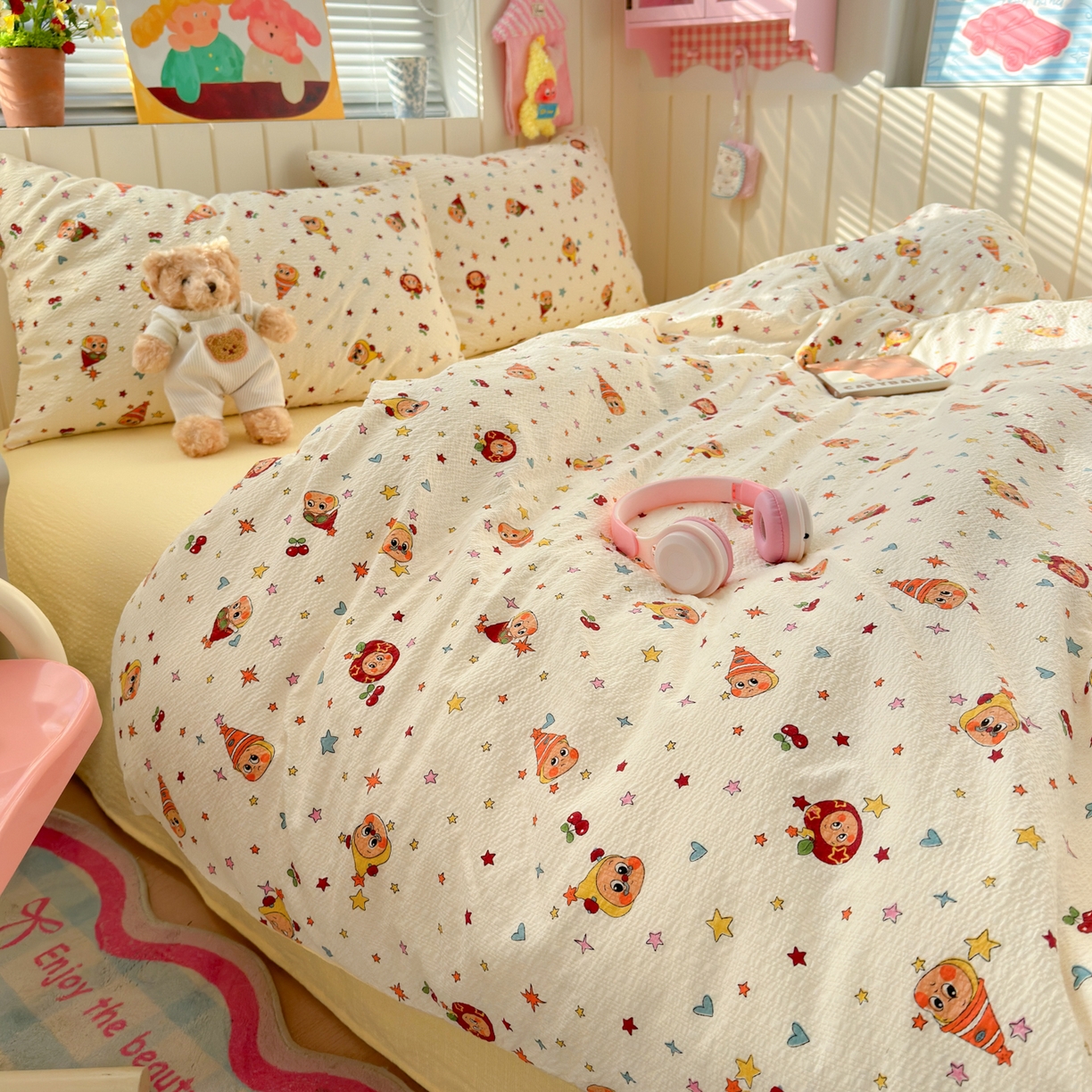 奈颜 2026新款A类泡芙纱印花四件套学生宿舍三件套-卡通印花系列 高帽星星