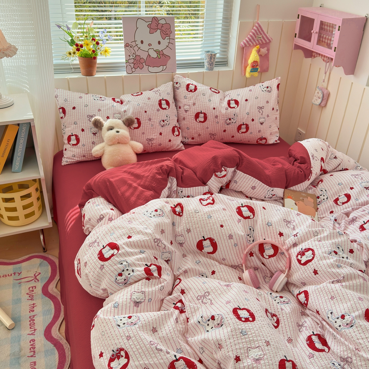 91家纺网 家纺一手货源 找家纺 奈颜 2026新款A类泡芙纱印花四件套学生宿舍三件套-卡通印花系列 苹果小狗