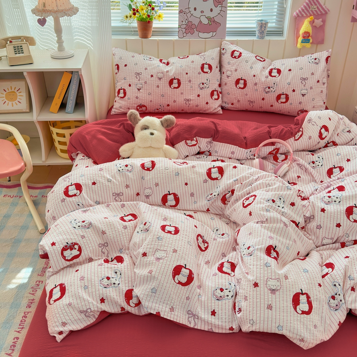 91家纺网 家纺一手货源 找家纺 奈颜 2026新款A类泡芙纱印花四件套学生宿舍三件套-卡通印花系列 苹果小狗