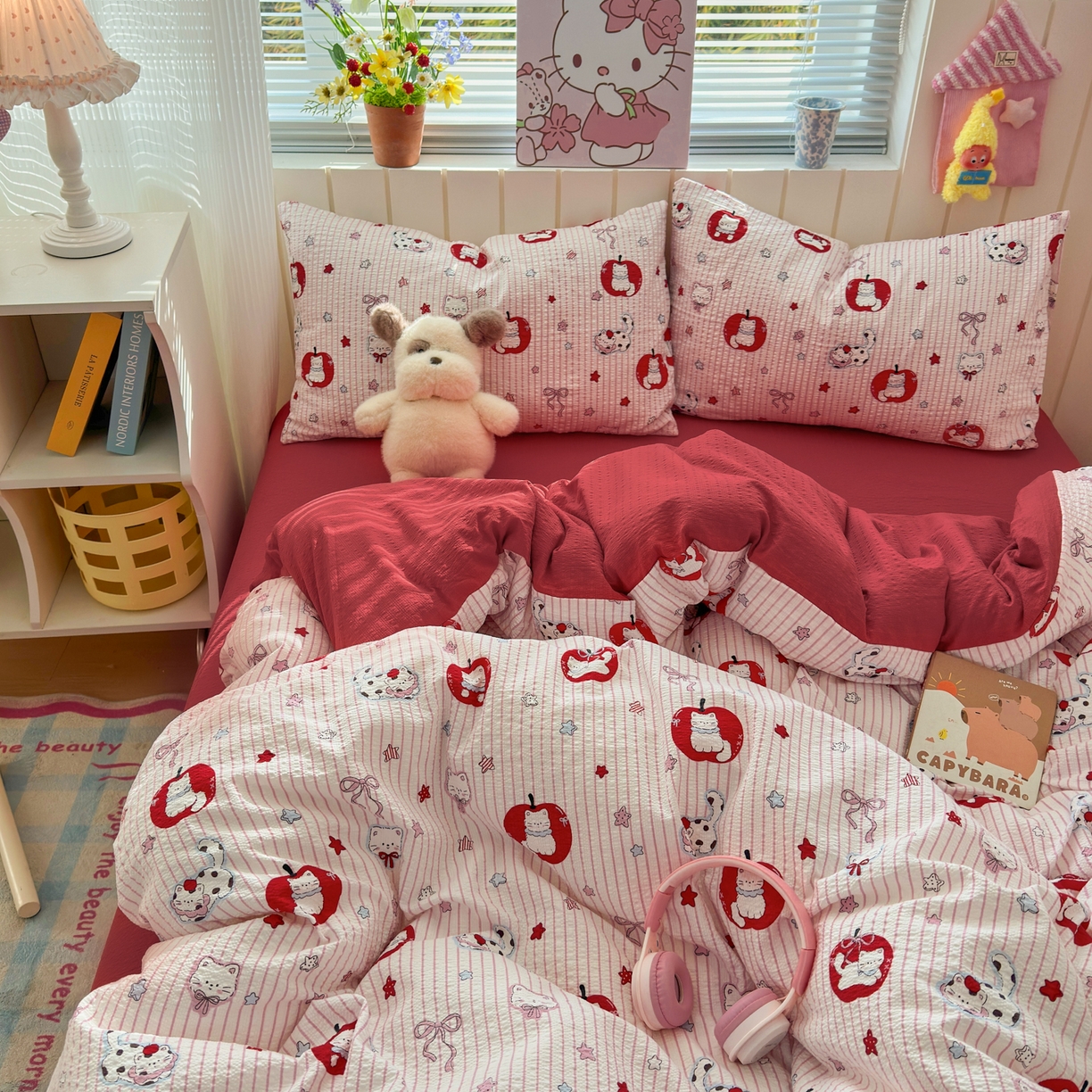 91家纺网 家纺一手货源 找家纺 奈颜 2026新款A类泡芙纱印花四件套学生宿舍三件套-卡通印花系列 苹果小狗