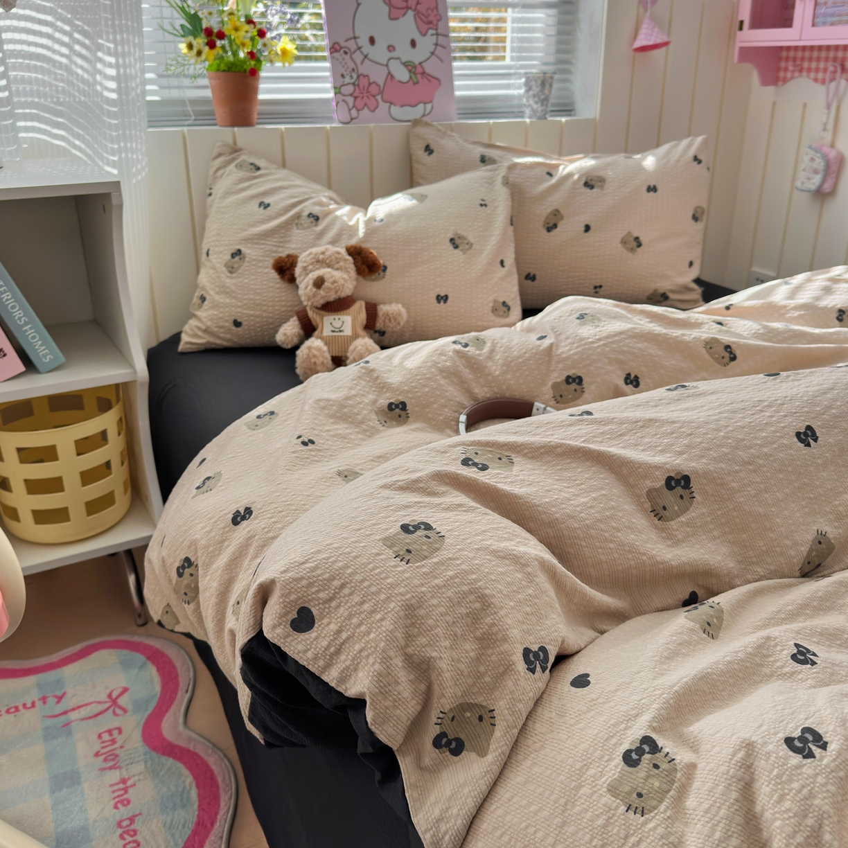 91家纺网 家纺一手货源 找家纺 奈颜 2026新款A类泡芙纱印花四件套学生宿舍三件套-卡通印花系列 黑皮小猫
