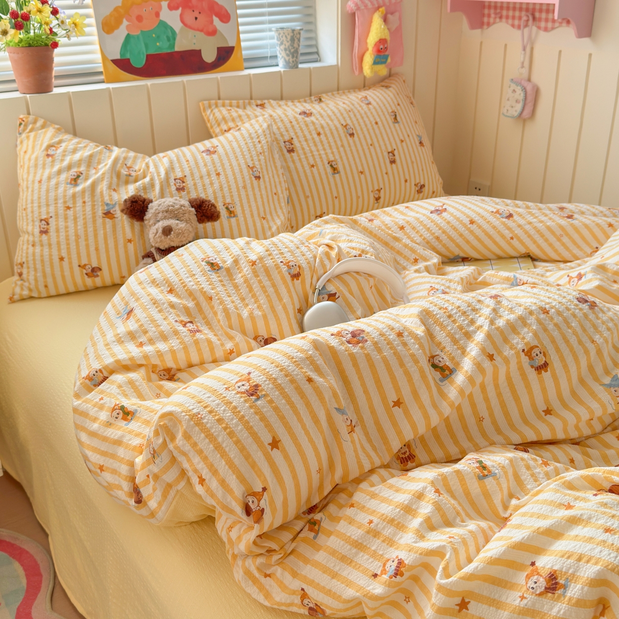 91家纺网 家纺一手货源 找家纺 奈颜 2026新款A类泡芙纱印花四件套学生宿舍三件套-卡通印花系列 条纹星星